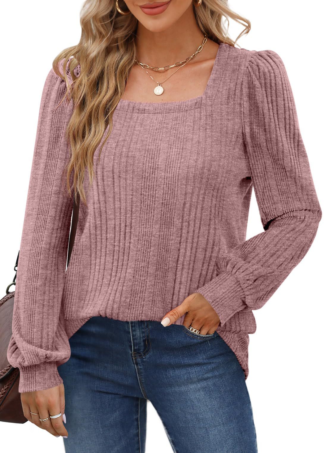 Wholesale Rayon Polyester Autumn and Winter Ladies Pit Stripe Brushed Square Neck Fashion Lantern Sleeve Long Sleeve Tops