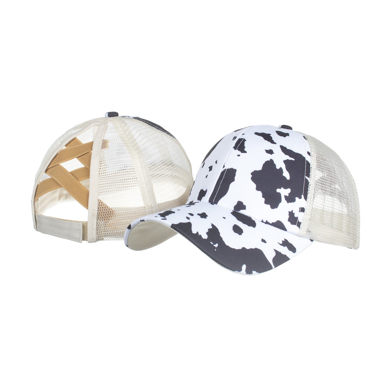Wholesale Cow Pattern Cross Elastic Mesh Ponytail Baseball Cap
