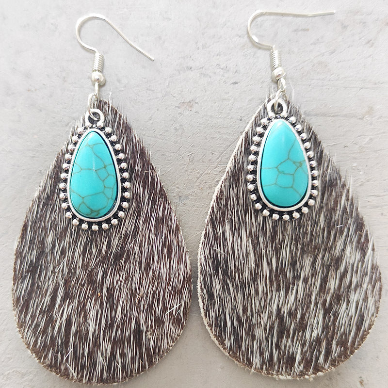 Wholesale Western Teardrop Turquoise Vintage Cow Pattern Leopard Print Earrings