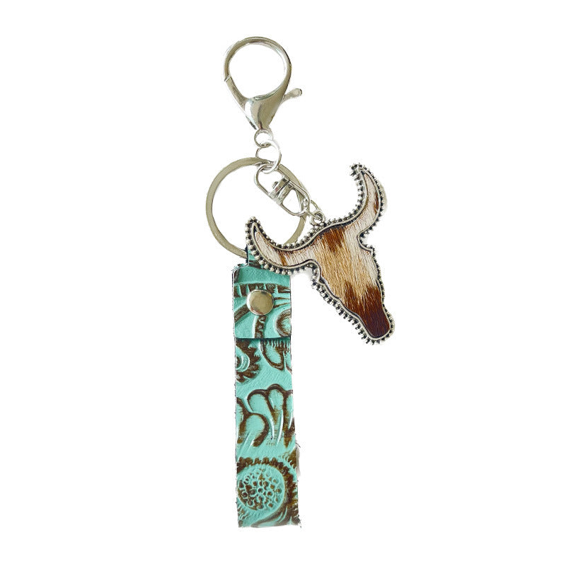 Wholesale West leather green fur bull head multicolor western keychain
