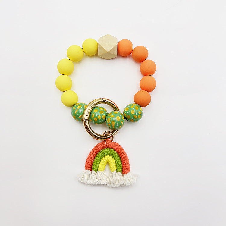 Wholesale Candy Color Silicone Beaded Rainbow Handwoven Tassel Wrist Keychain