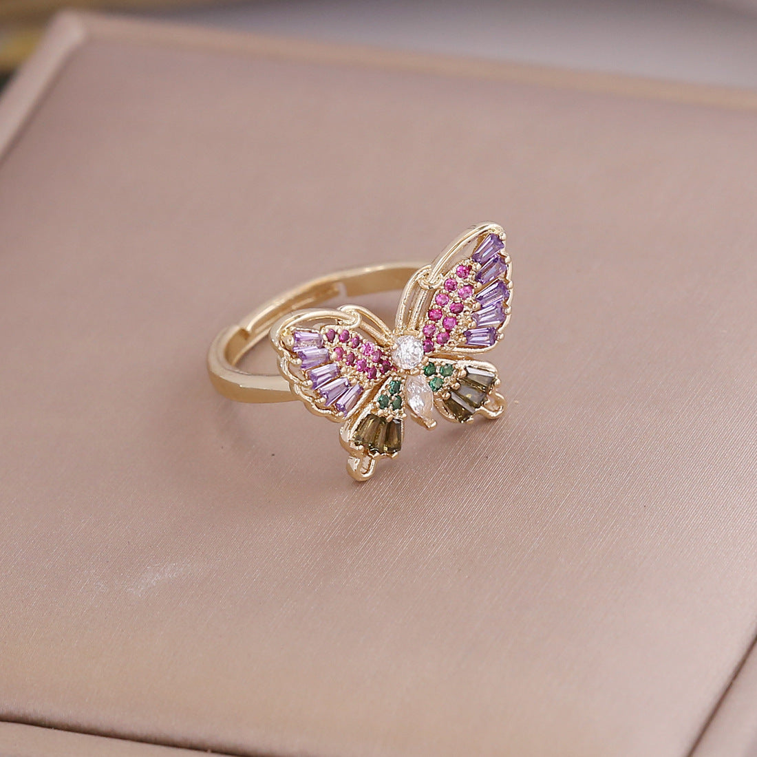 Wholesale Copper 18K Gold Multicolor Zircon Butterfly Ring