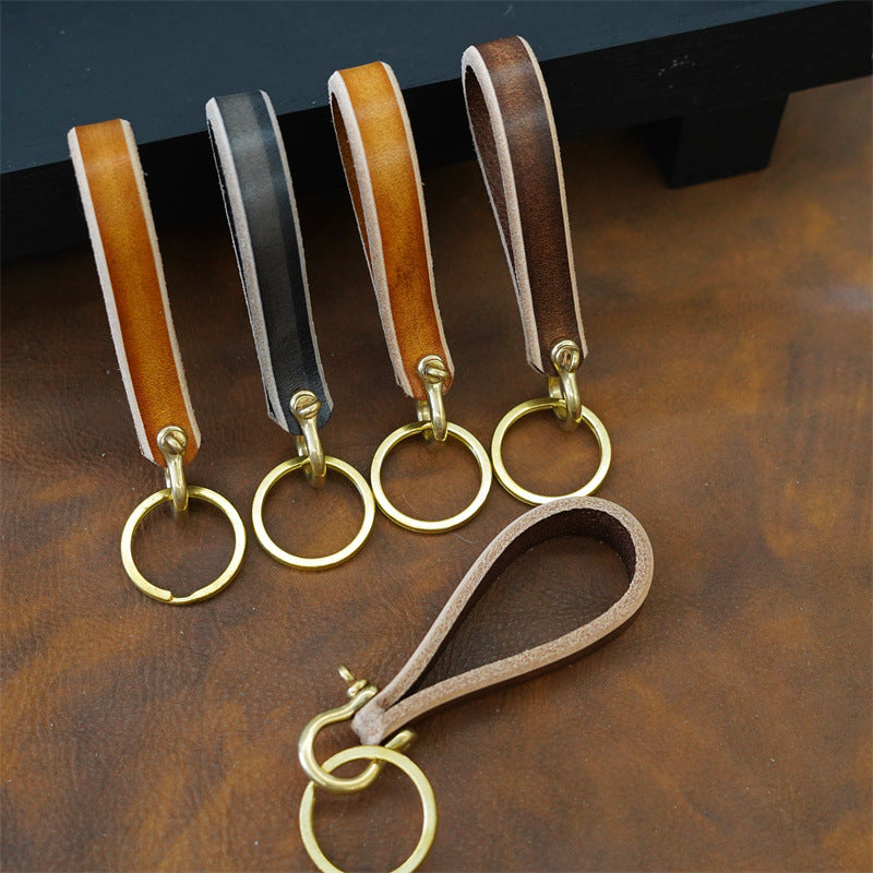 Wholesale Handmade Retro Brass Horseshoe Buckle and Cowhide Keychain