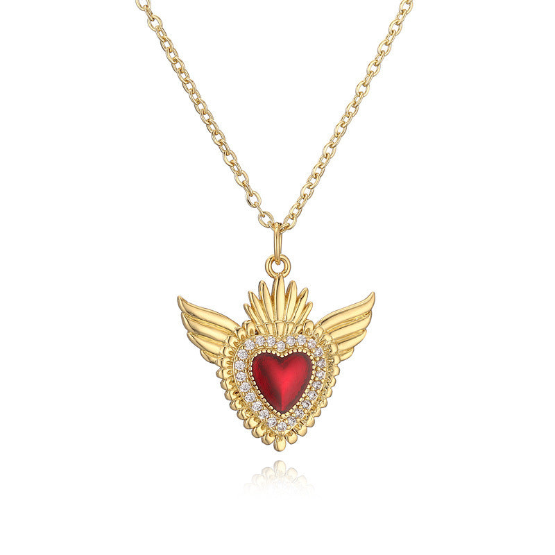 Wholesale Copper Gold Plated Zirconium Oil Drop Love Wings Pendant Necklace