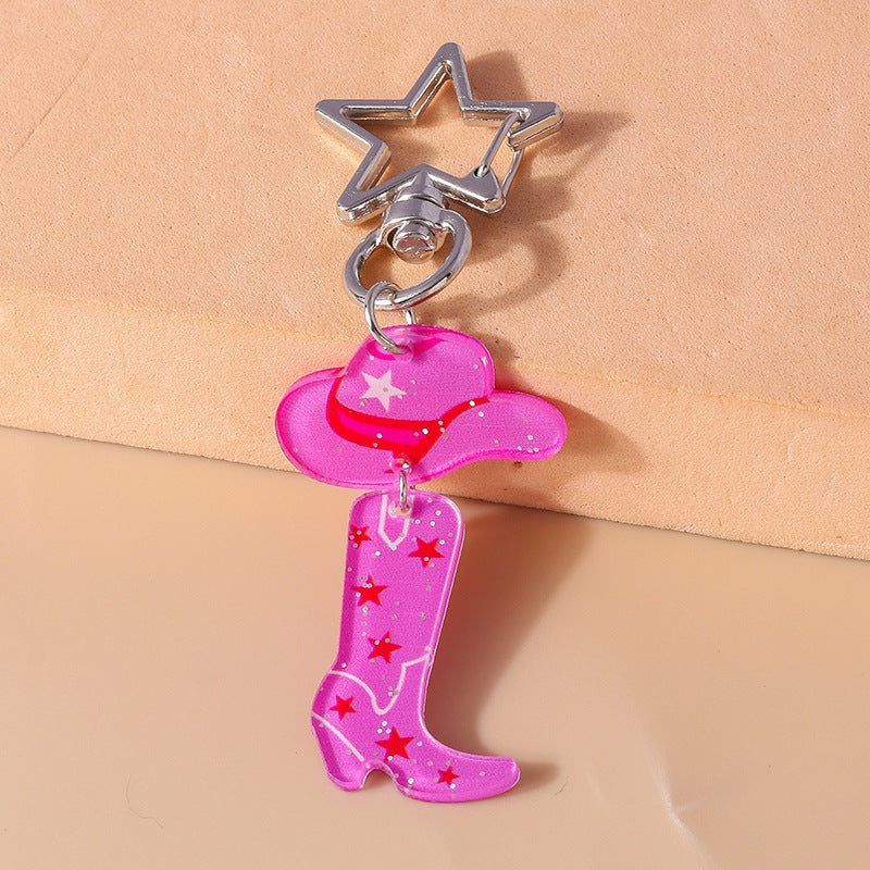 Wholesale Cartoon Pink Western Cowboy Hats and Boots Acrylic Keychain