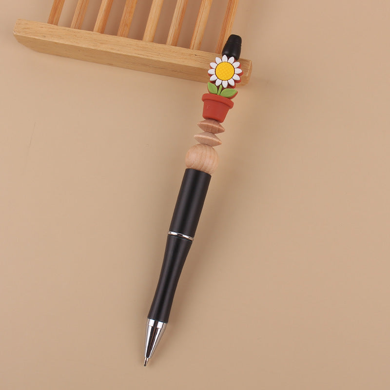 Wholesale Handmade Beadable Cartoon Sunflower Silicone Bead Wooden Bead Ballpoint Pen