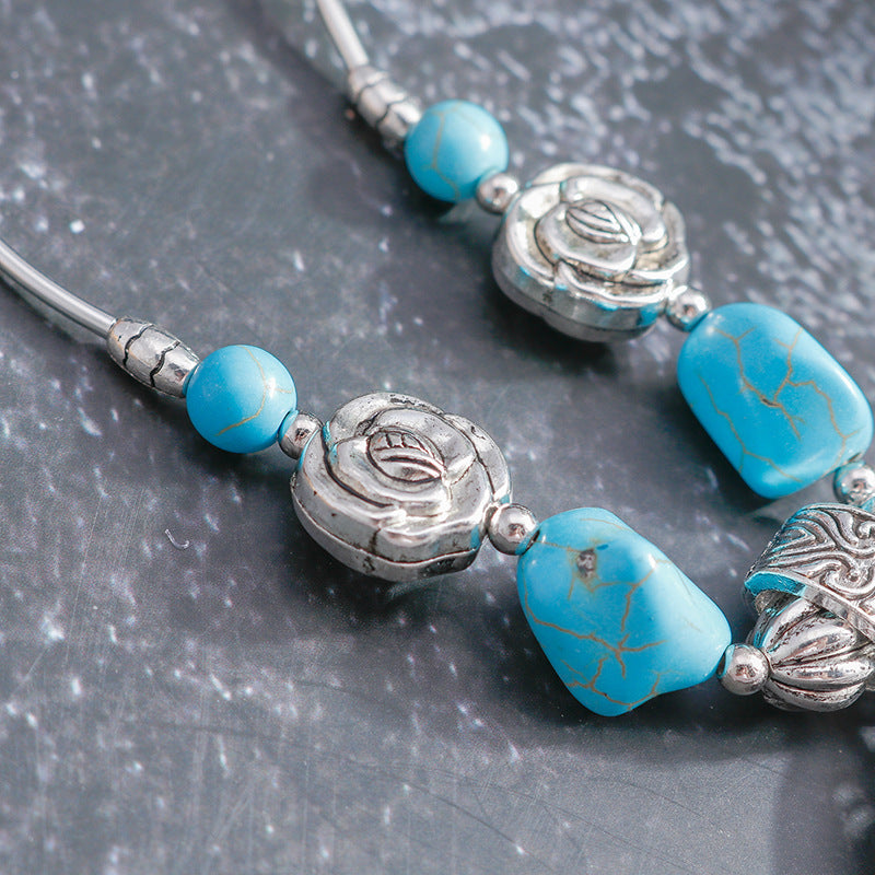 Wholesale Goth Theme Retro Ethnic Style Hidden Silver Creative Design Hollow Carved Turquoise Necklace