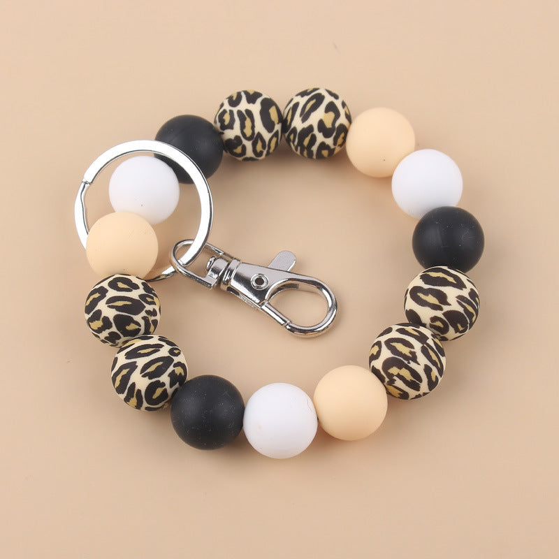 Wholesale Cow Pattern Leopard Pattern Silicone Beaded Wrist Keychain