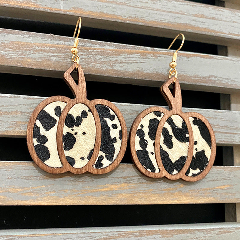 Wholesale Halloween Pumpkin Leopard Pattern Hollowed Out Leather Earrings