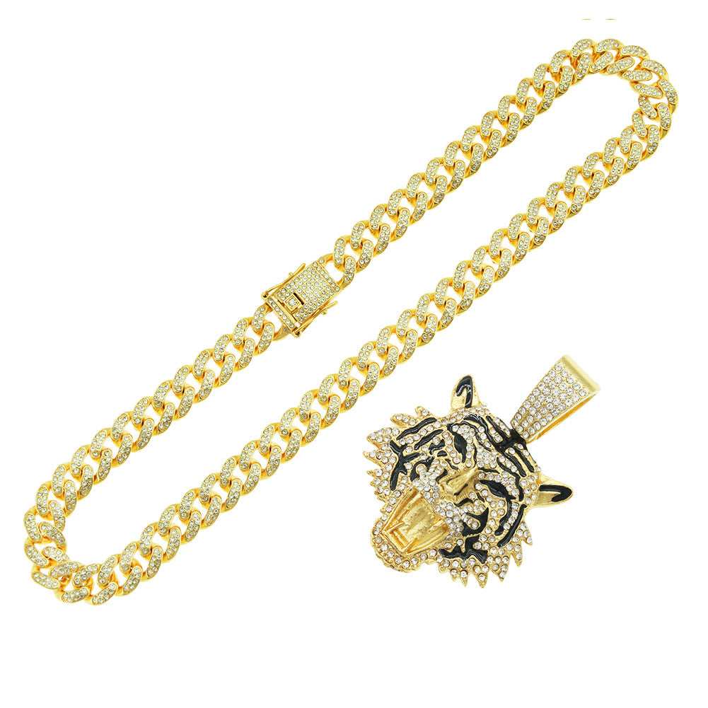 Wholesale Three-dimensional Full Diamond Painting Oil Tiger Head Pendant Cuban Chain Necklace