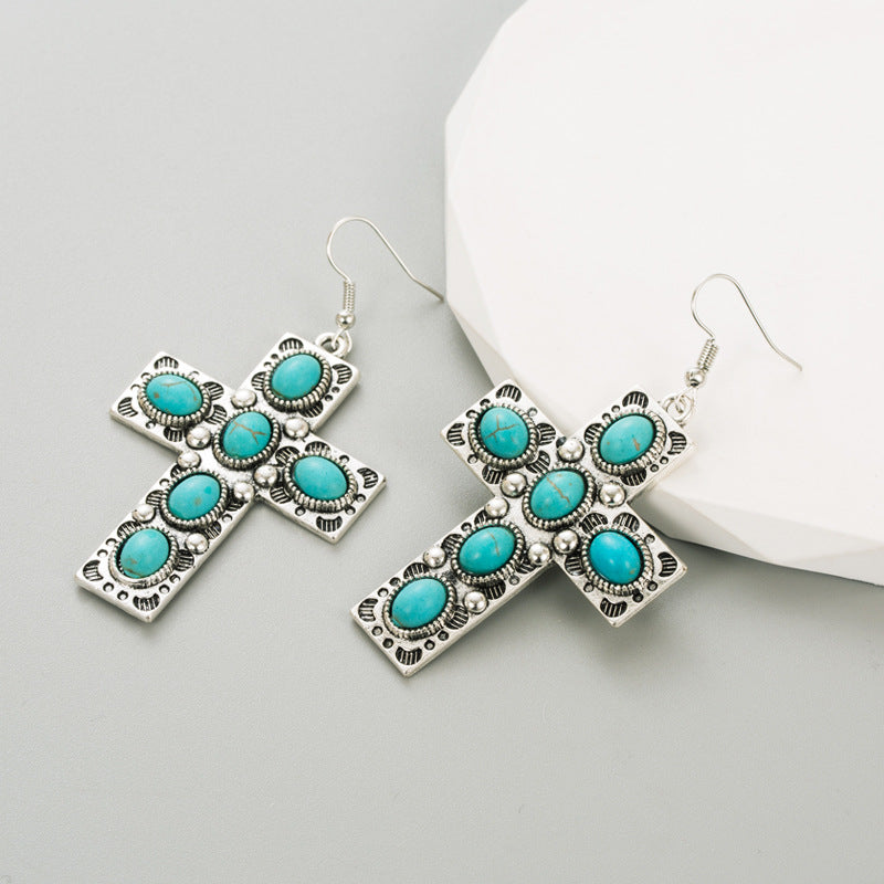 Wholesale bohemian Retro ethnic earrings alloy inlaid turquoise cross earrings