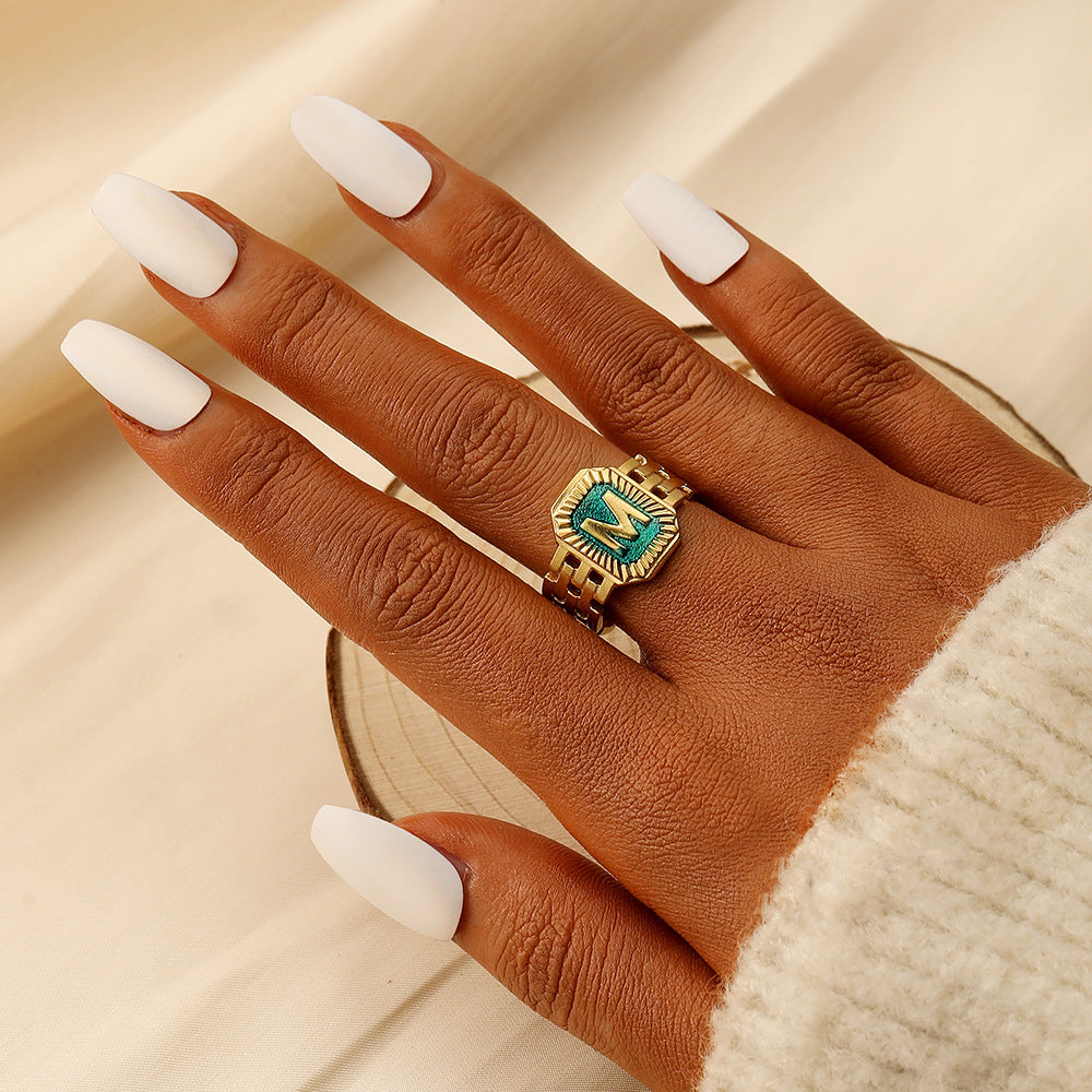 Wholesale Versatile Niche Stainless Steel Open Square Letter Blue Drip Oil Ring