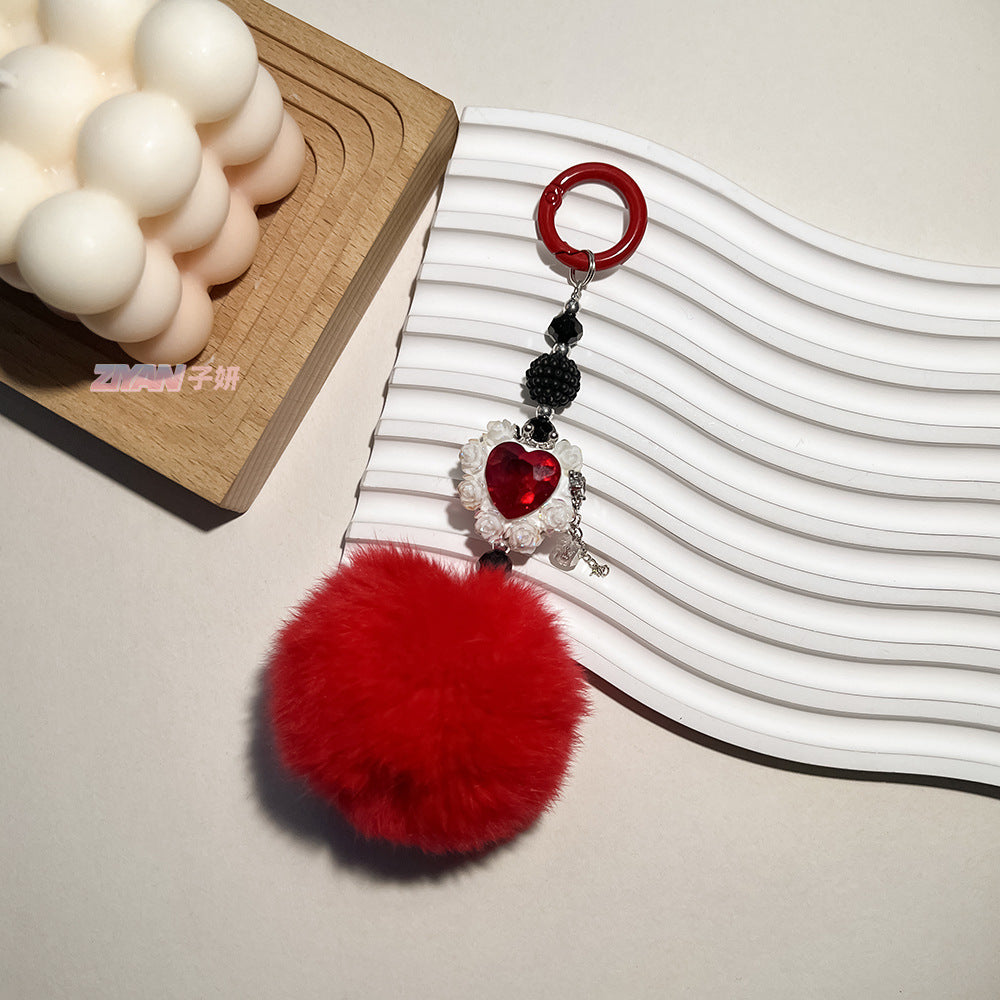 Wholesale Hair Ball Heart-shaped Rose Diamond Ball Keychain