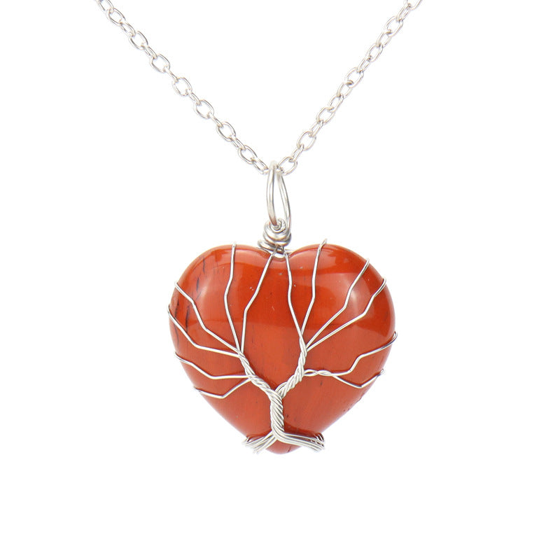 Wholesale Silver Hand-wound Heart Natural Stone Rose Quartz Tree of Life Necklace