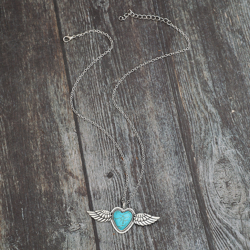 Wholesale Bohemian Retro Gothic Heart Turquoise Wings Alloy Pendant Necklaces