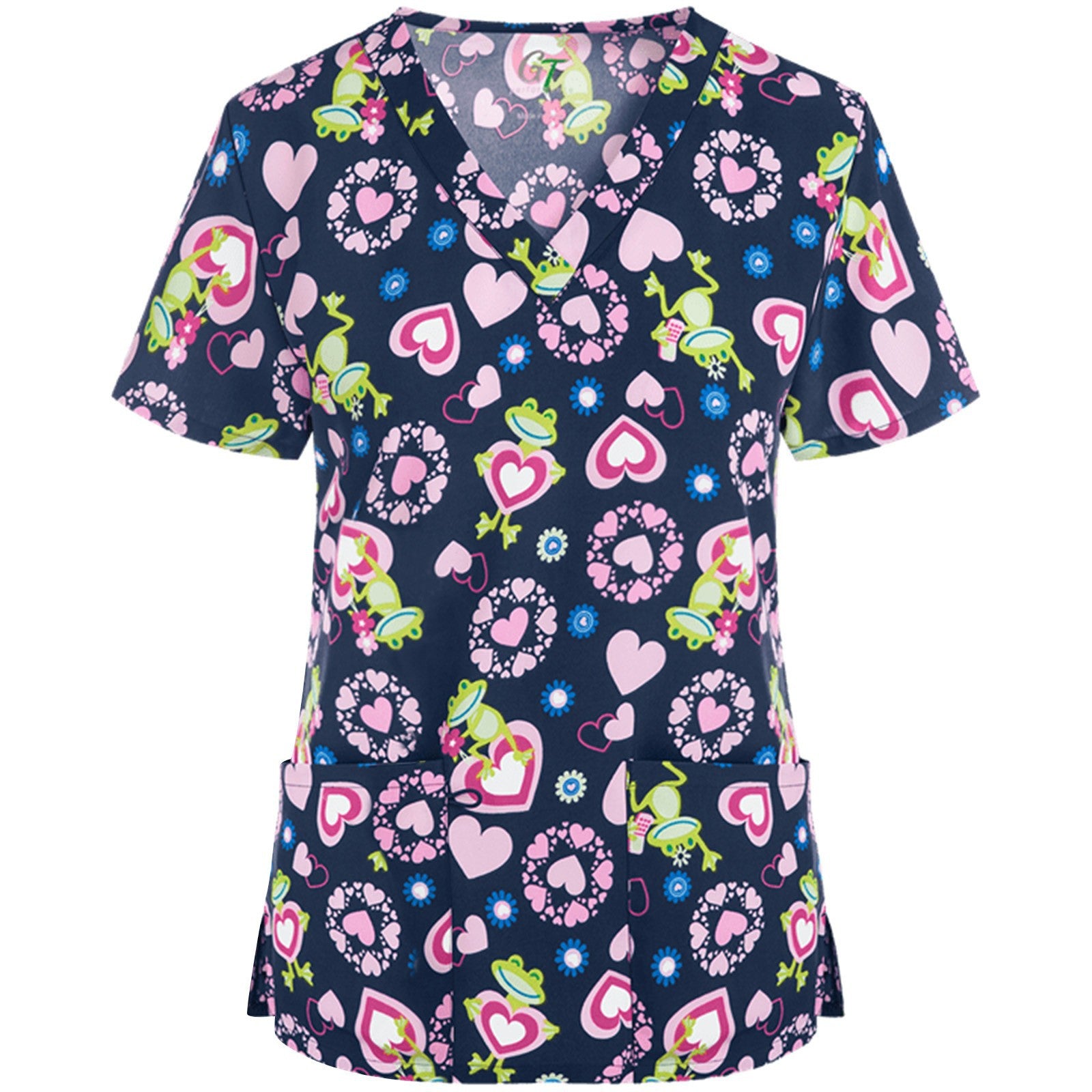 Wholesale Women's V-neck Cartoon Printed Pockets Polyester Work Clothes