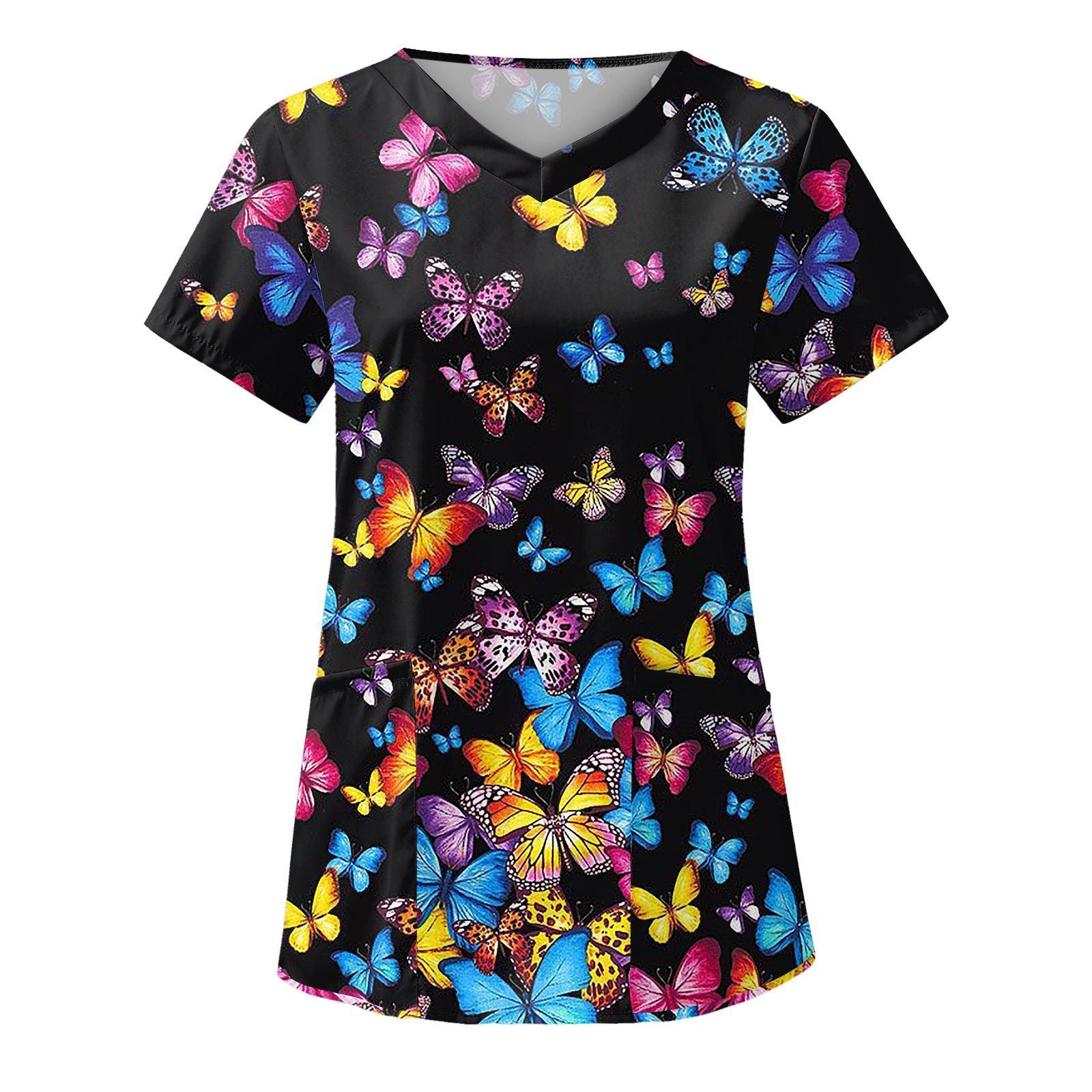 Wholesale Women's 3D Printed V-neck Pocket Polyester Short Sleeved Work Clothes