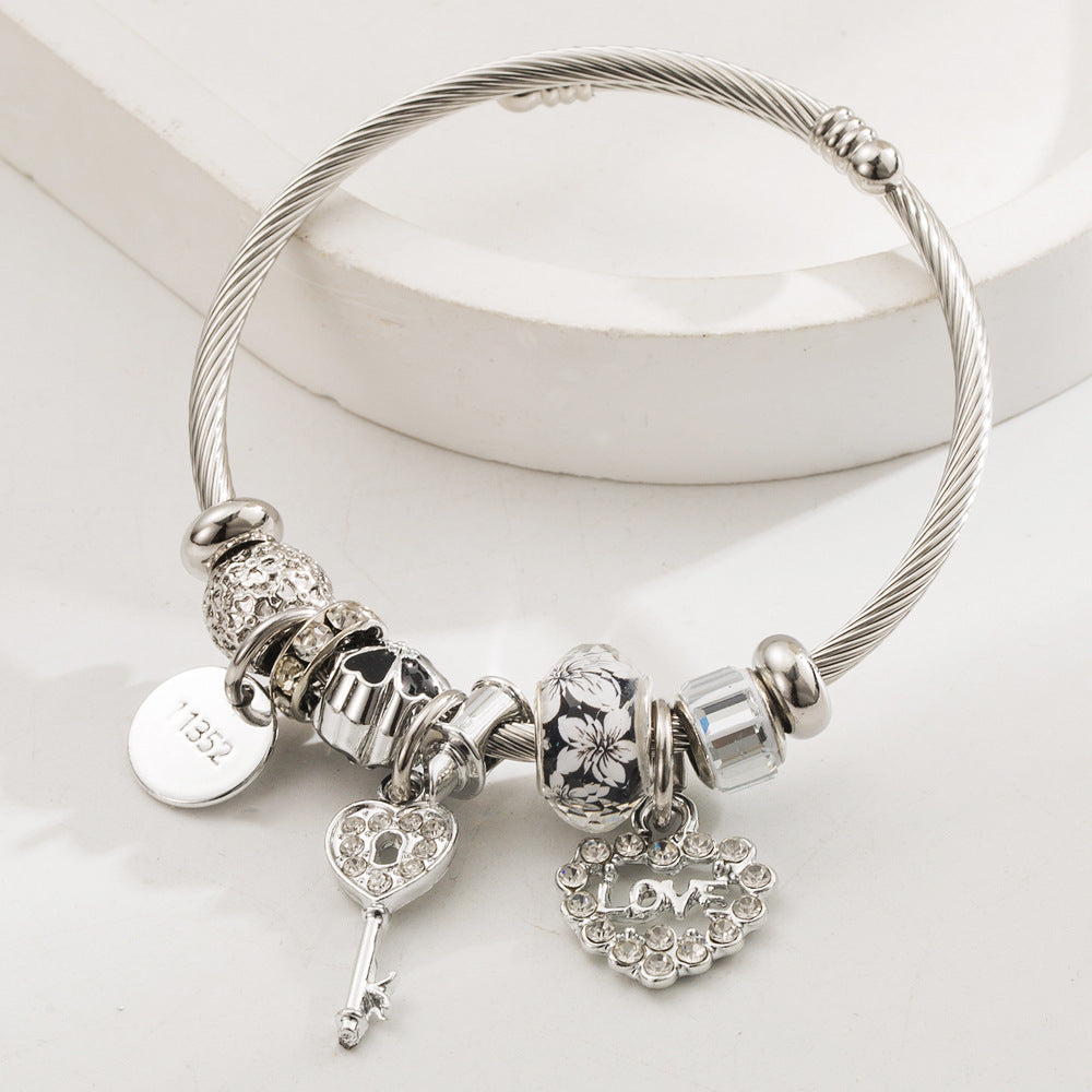 Wholesale  Stainless Steel Bracelet  Crystal Beaded Love Key Pendant Bracelet