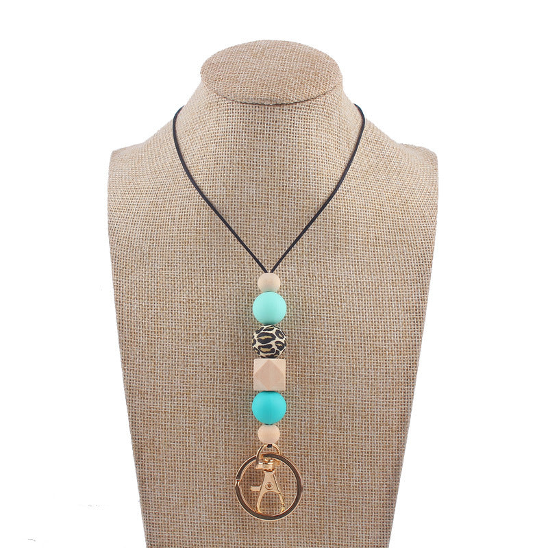 Wholesale Leopard Print Silicone Beaded Lanyard ID Keychain