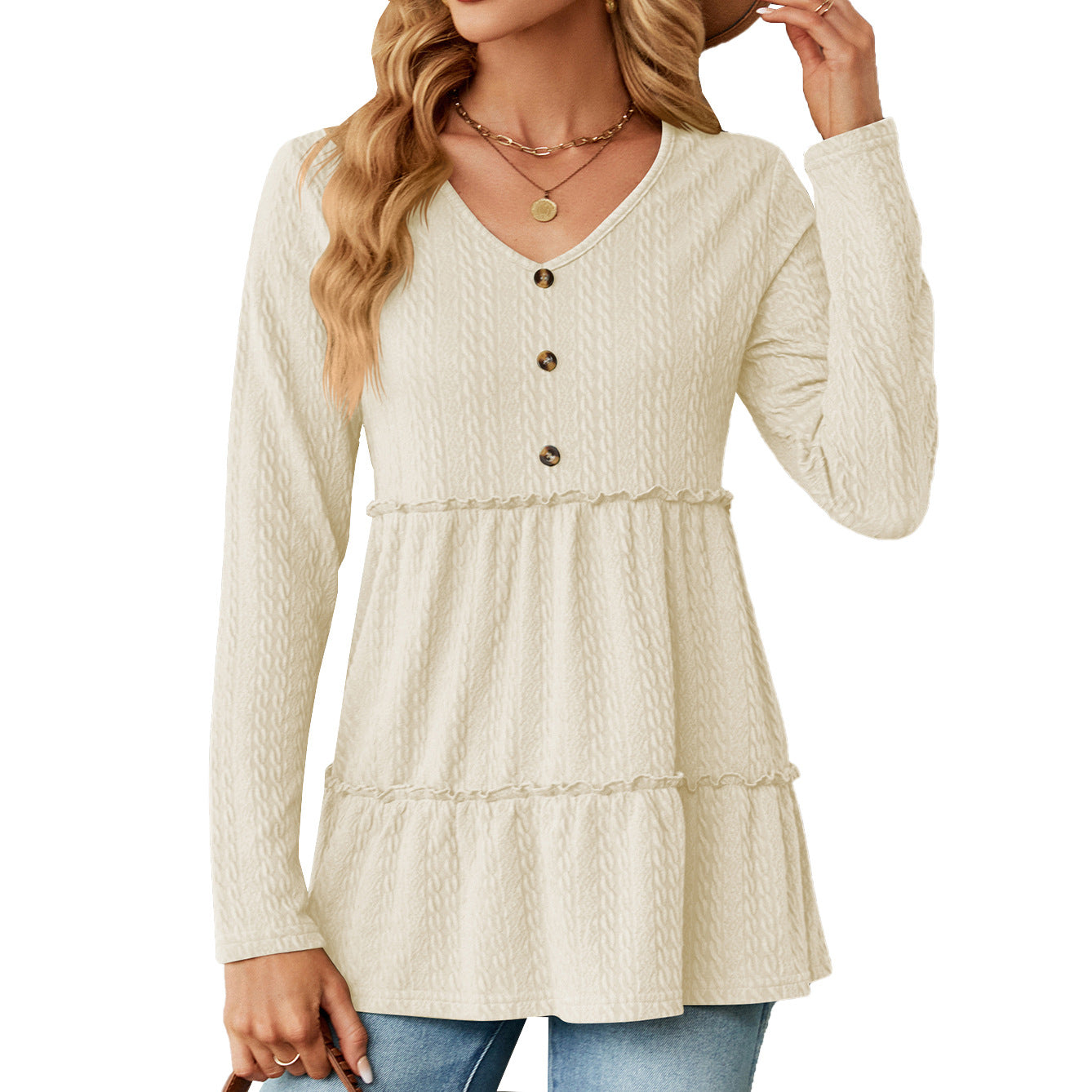Wholesale Autumn and Winter V-neck Solid Color Button Stitching Long-sleeved Loose Top