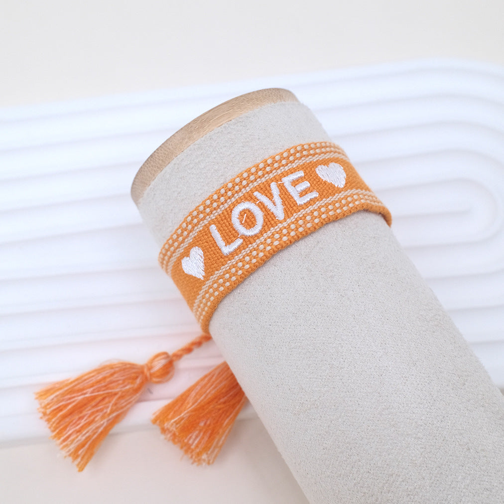 Wholesale Cord Embroiderable Logo Ethnic Style Letter Woven Tassel Bracelet