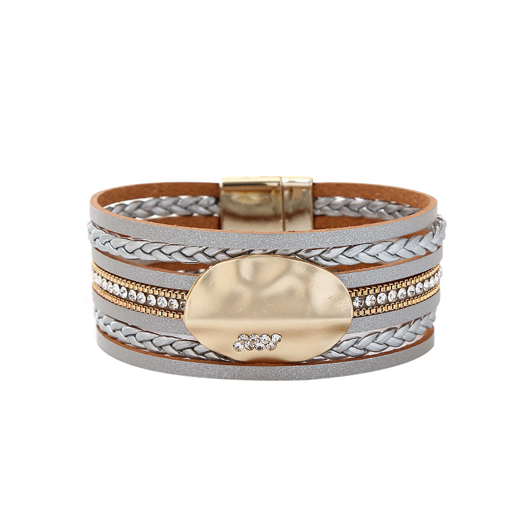 Wholesale Vintage Bohemian Crystal Feather Braided Leather Bracelet