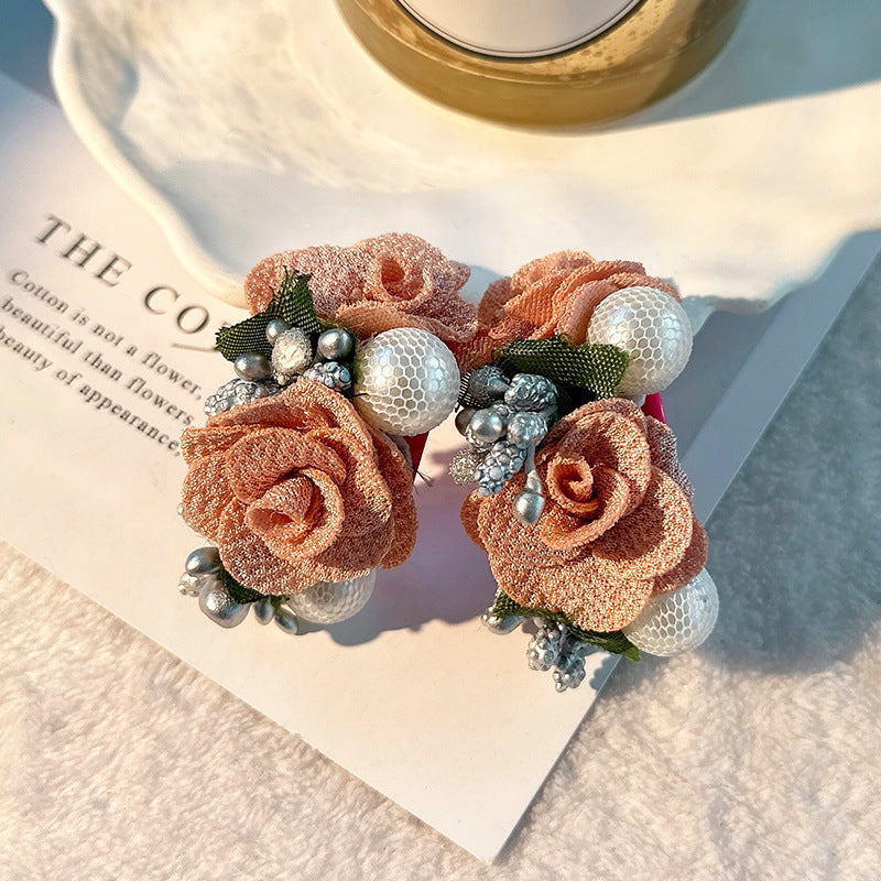 Wholesale Pearl Flowers Cloth Art Earrings