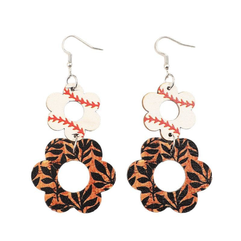 Wholesale Sporty hollowed-out floral cow print retro wooden earrings