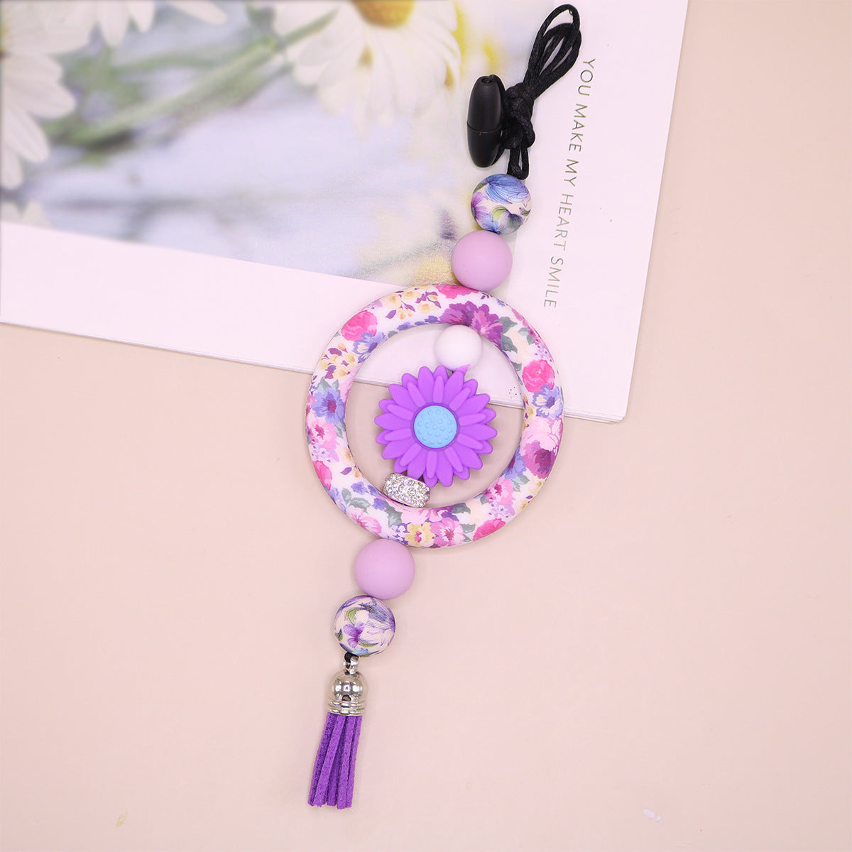 Wholesale Silicone Ring Keychain Christmas Cow Head Cross Flower Bead Pendant