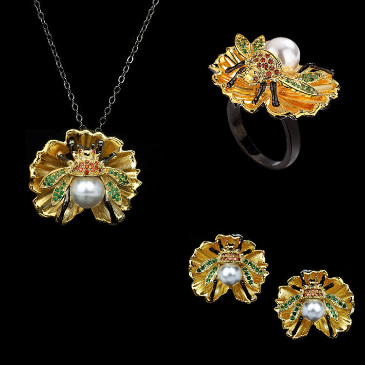 Wholesale Pearl 18K Gold Plated Clover Copper Ring Set