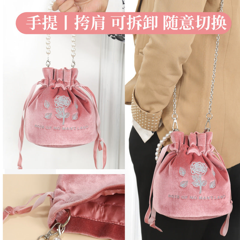 Wholesale Drawstring Gold Velvet Pearl Hand Storage Bag Single Shoulder Crossbody Backpack