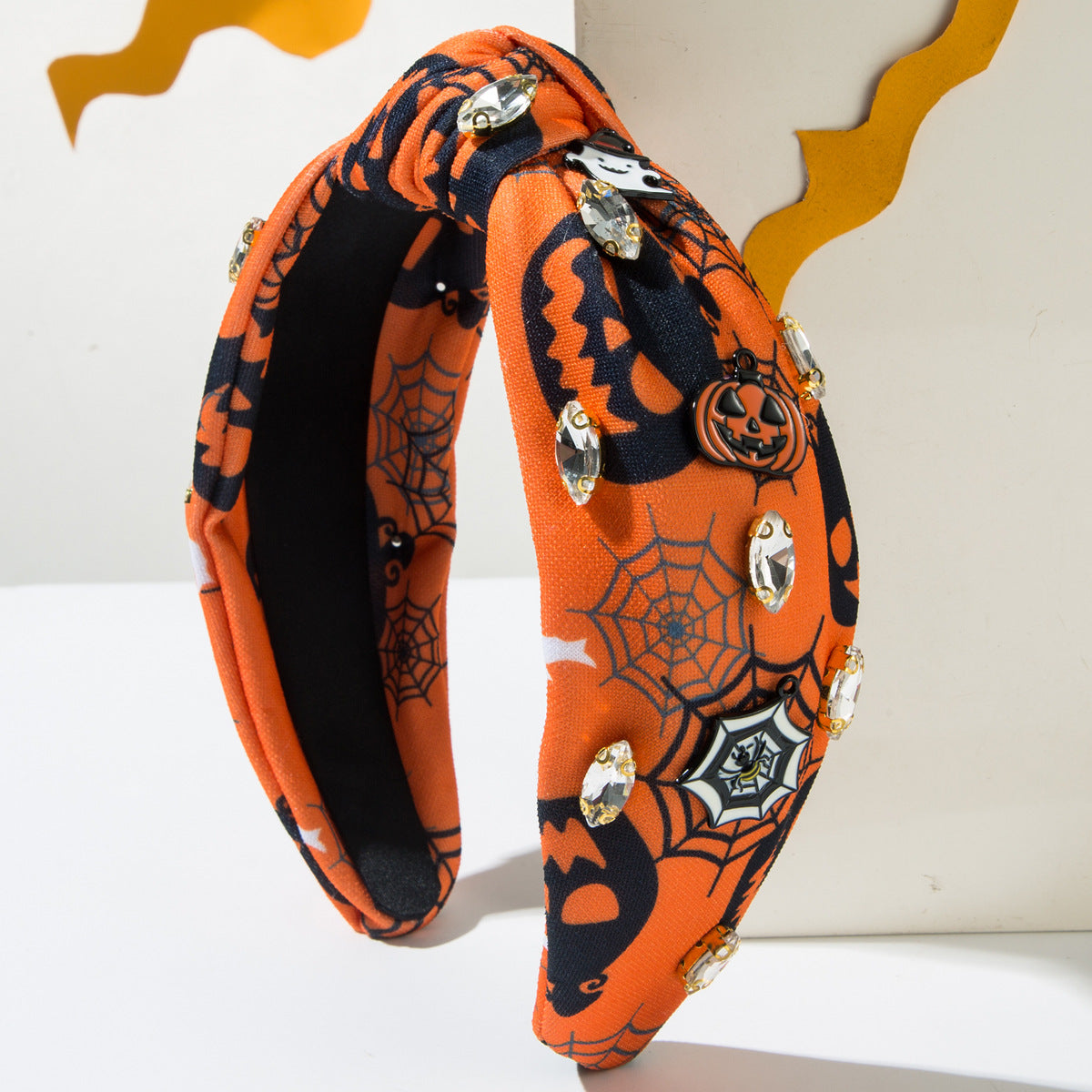 Wholesale New Halloween Print Spider Web Fabric Hair Ornament with Diamond Sticky Pumpkin Demon Headband