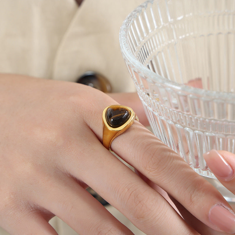 Wholesale Natural Rose Quartz Tiger Eye Stone Retro Couple Rings Titanium Steel Ring
