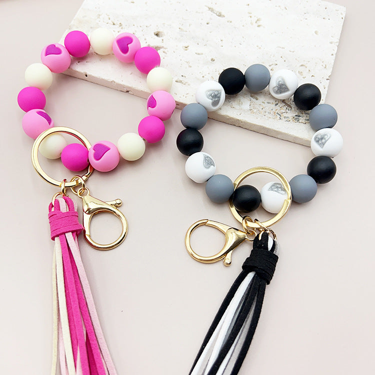 Wholesale Colorful Heart Silicone Beaded Velvet Tassel Wrist Keychain