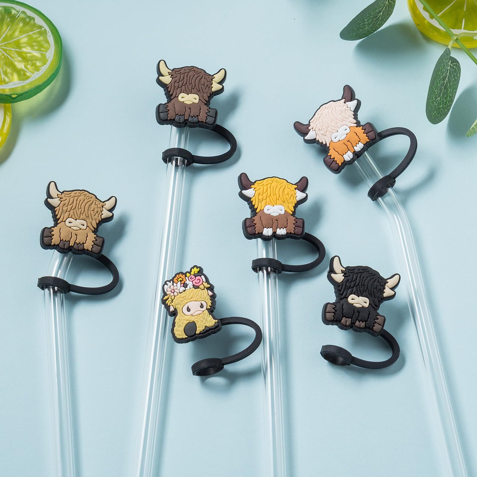Wholesale 6pcs/pack Cartoon Highland Cow Party Dust Resistant Straw Set