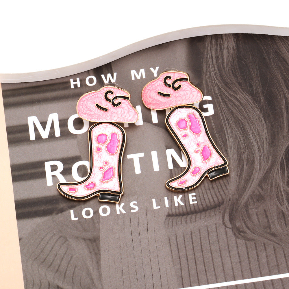 Wholesale Drip Oil Western Cowboy Boots Cow Pattern Hat Alloy Earrings