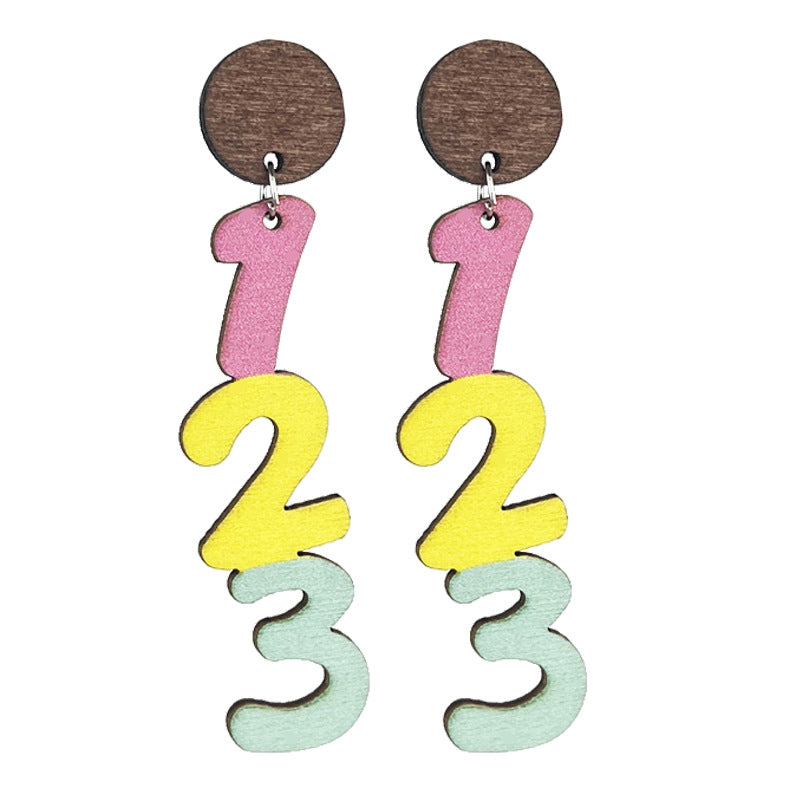 Wholesale Teacher earrings alphabet and number teaching wooden earrings