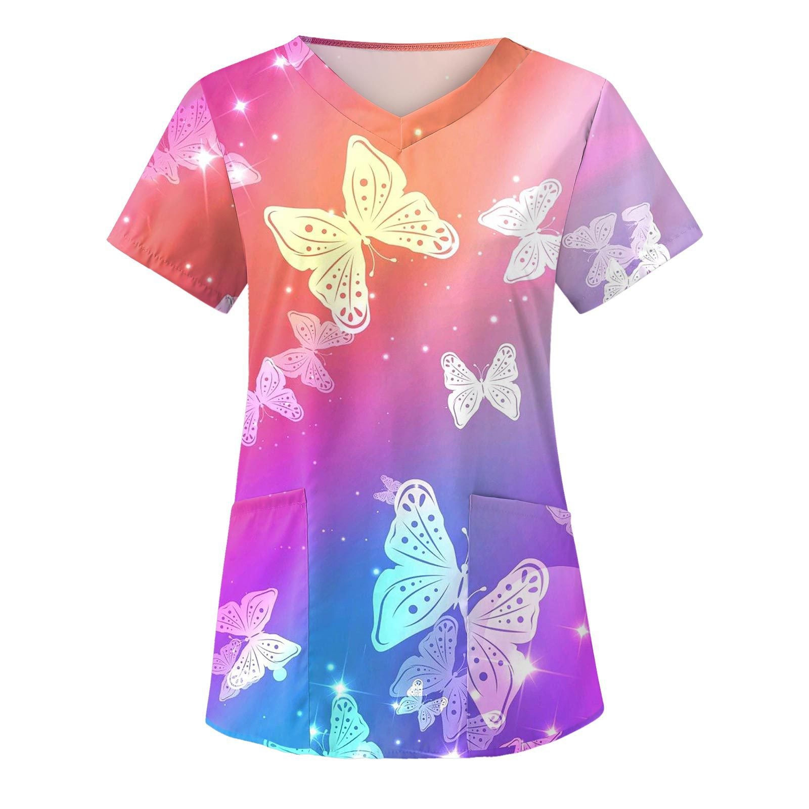 Wholesale Women's 3D Printed V-neck Pocket Polyester Short Sleeved Work Clothes