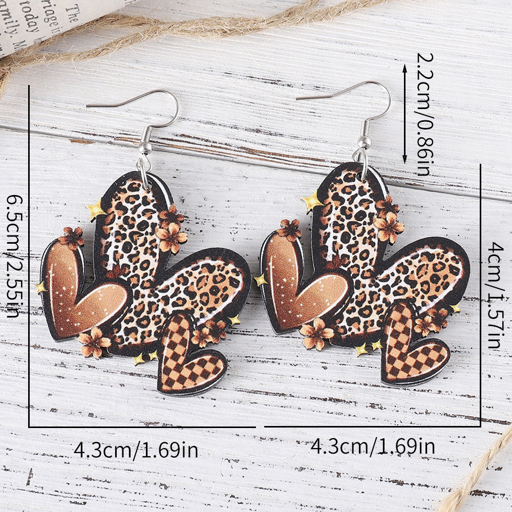 Wholesale Western style leopard print flower heart wooden double-sided earrings