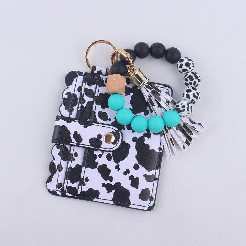 Wholesale Cartoon Cow Print Card Holder Wrist PU Keychain