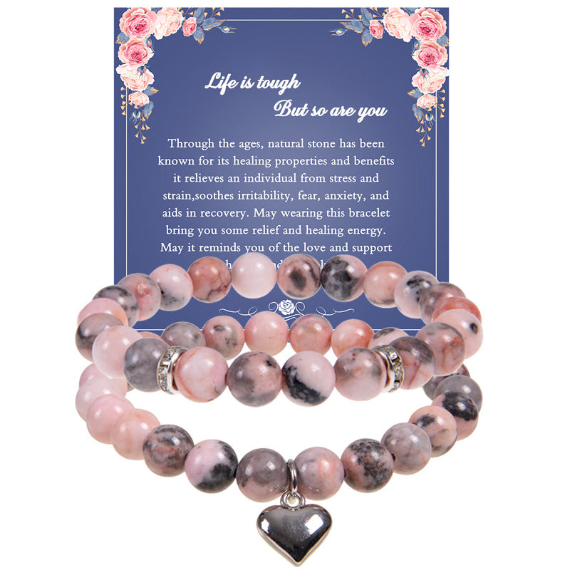 Wholesale 8mm Natural Stone Beaded Heart Set Bracelet