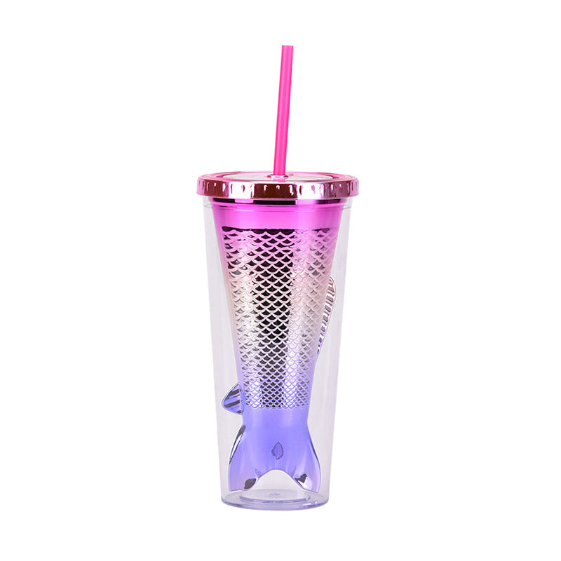 Wholesale Double-layer Plastic Cup Creative Gradient Mermaid Tail Colorful Sequin Straw Water Cup
