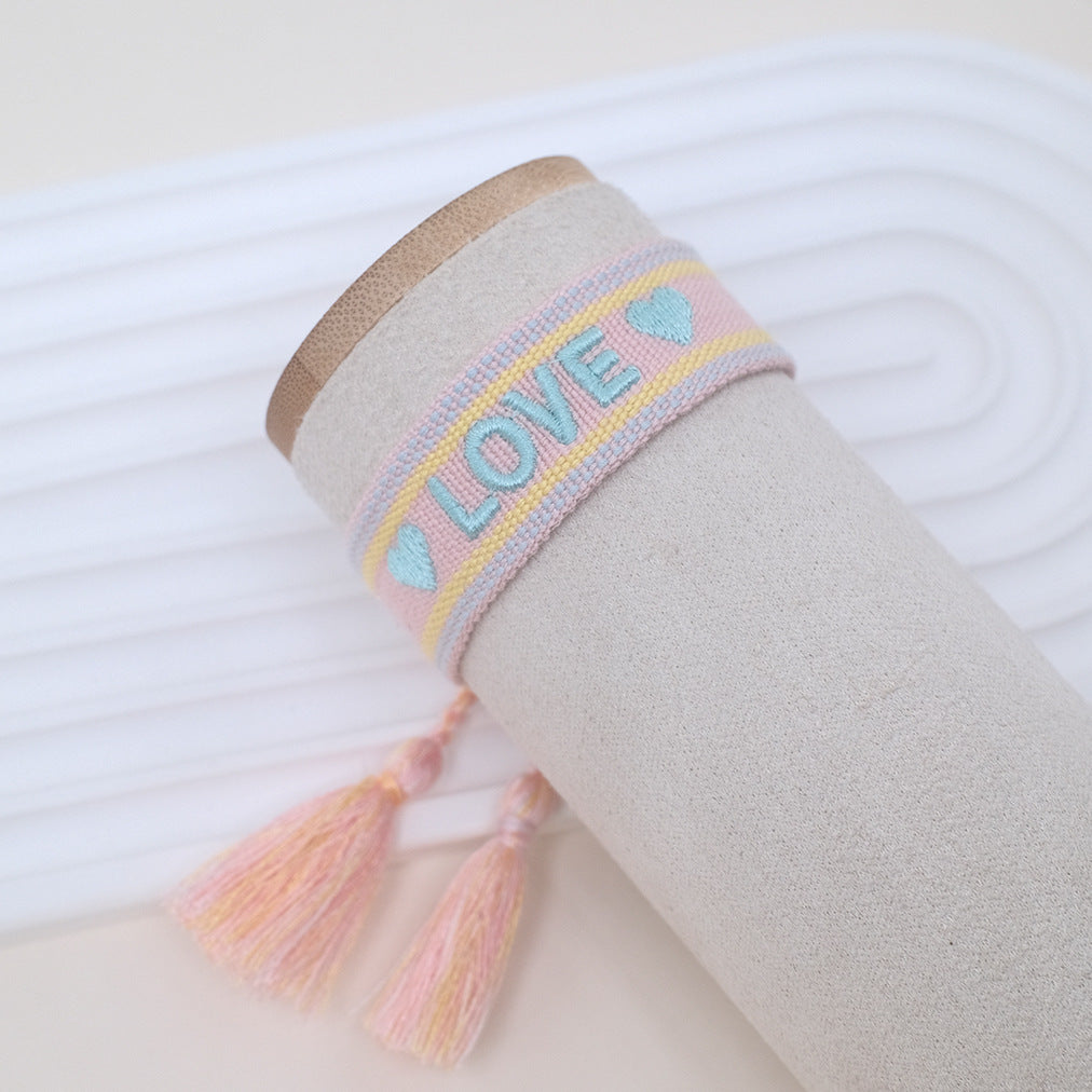 Wholesale Cord Embroiderable Logo Ethnic Style Letter Woven Tassel Bracelet