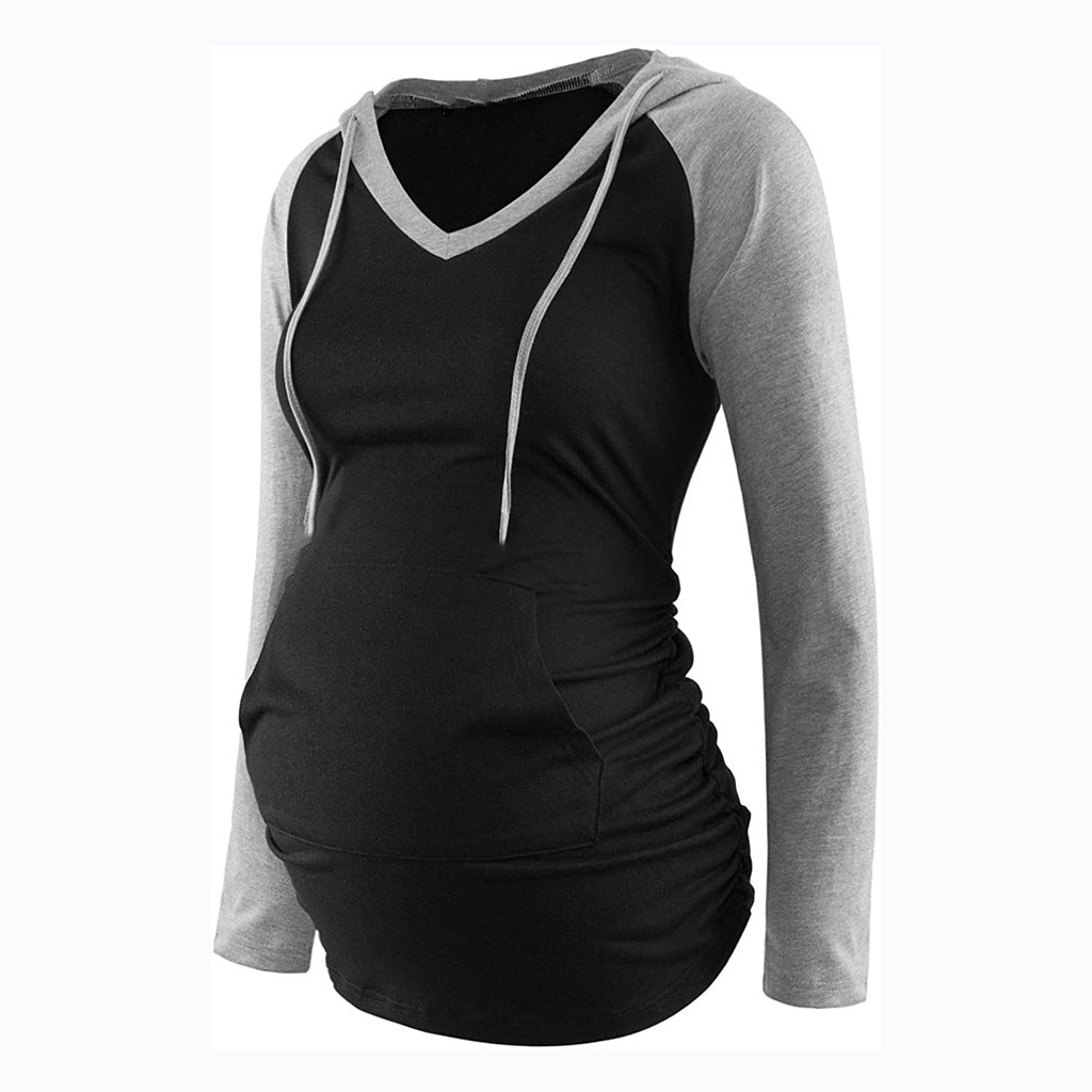 Wholesale V-neck Hooded Long Sleeved Polyester Tops for Pregnant Women
