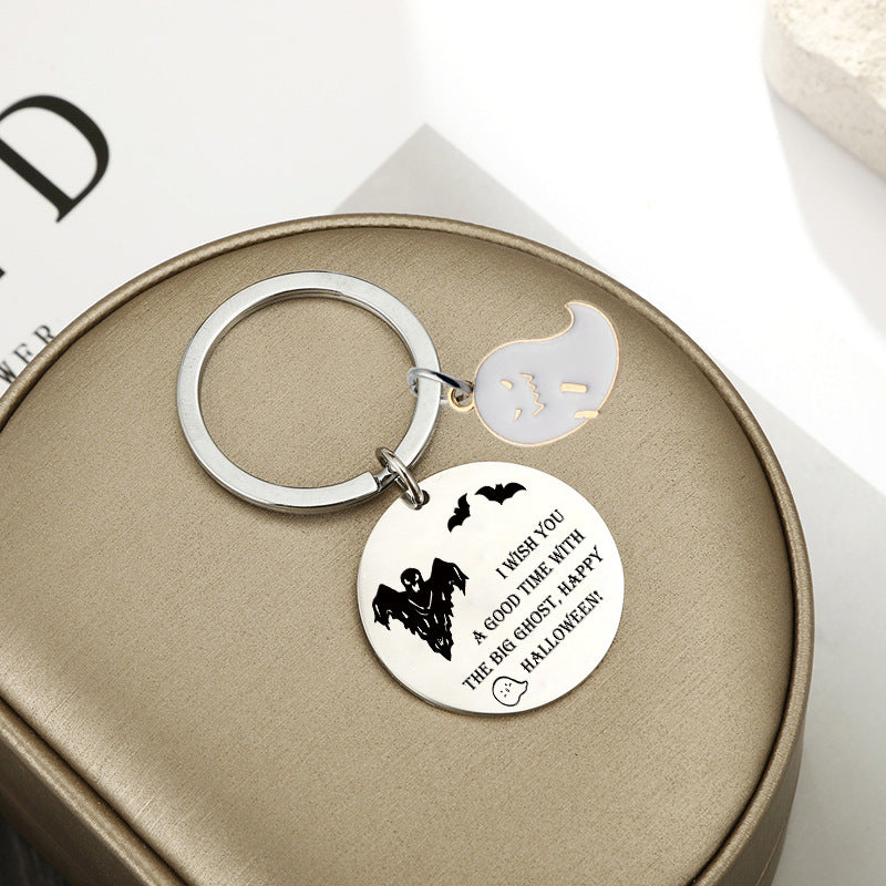 Wholesale Halloween Double Sided Stainless Steel Ghost Bat Keychain