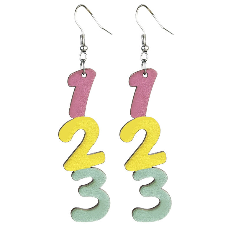 Wholesale Teacher earrings alphabet and number teaching wooden earrings
