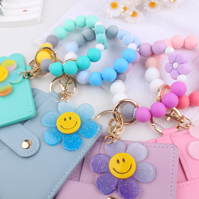 Wholesale Cartoon Sunflower Beaded DIY Silicone Bracelet Wallet Keychain