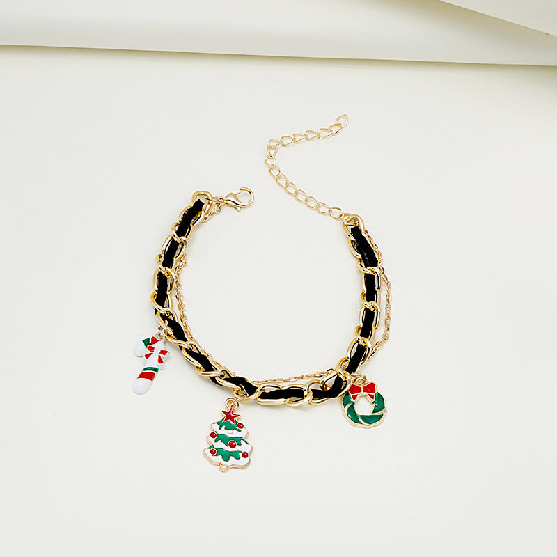 Wholesale Christmas Oil Drop Christmas Tree Snowman Cane Pendant Multi-layer Chain Bracelet