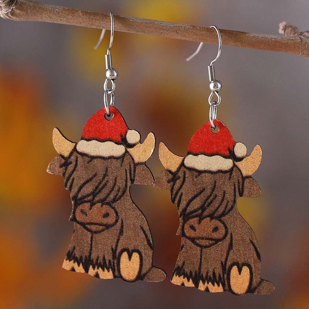 Wholesale Christmas Western Style Mountain Cow Wood Double-Sided Earrings