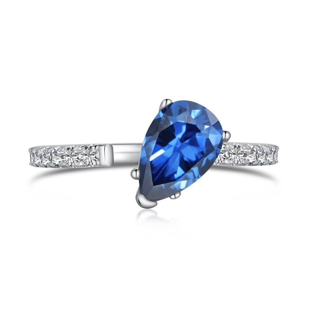 Wholesale S925 Sterling Silver Love Water Drop Geometric Blue Diamond Zircon Ring
